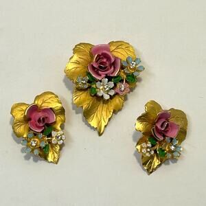 Vintage 1950's Floral Leaf Brooch and Clip On Earring Set